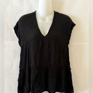Xhilaration Black Metallic Gold Stripe Boho Chic Tiered V Neck Tassel Top Size S